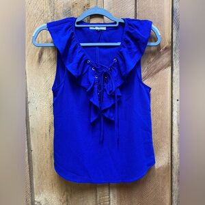 Love Tree‎ Royal Blue Ruffle Lace-Up V-Neck Sleeveless Blouse Top